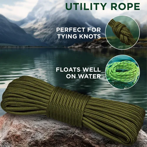 Miniatura 3 de TECEUM Cuerda – 90 pies x 1/4 pulgada (7mm) – Verde Ejército – Cuerda Utilitaria Versátil y Resistente – Acampada, Artesanía, Asta de Bandera