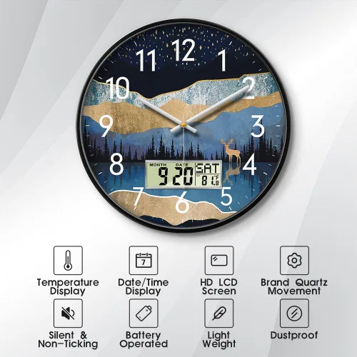 Miniatura 3 de Reloj de pared analógico silencioso con fecha y temperatura, reloj de pared digital de 12 pulgadas sin tictac, funciona con pilas, reloj de pared