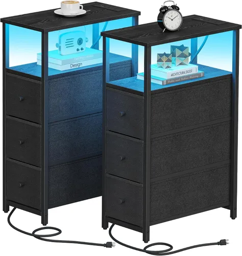 Miniatura 20 de TUTOTAK - Mesa auxiliar pequeña y estrecha con estación de carga; mesa de lado con tomas de corriente; mesita de noche con 2 cajones de tela; mesa
