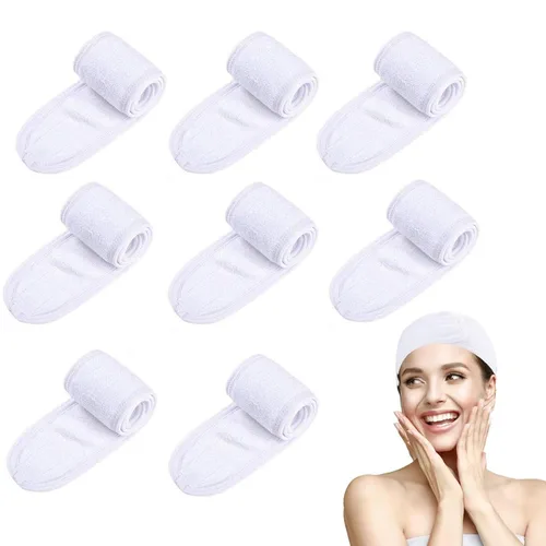 Diadema elástica blanca del balneario del paño, paquete de 8 cabezas faciales | Banda facial para la cabeza, lavable, diadema de maquillaje, cinta