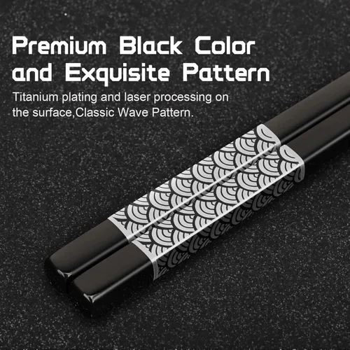 Miniatura 3 de Palillos de Metal Reutilizables 2 Pares de Palillos de Acero Inoxidable 18/8 Chapados en Titanio con Soporte, Aptos para Lavavajillas, Ligeros, Negro