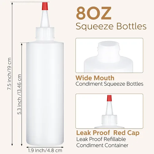Miniatura 2 de Jinei Paquete de 60 botellas de plástico de 8 onzas, botellas transparentes para exprimir condimentos con tapa de punta roja, recipiente vacío