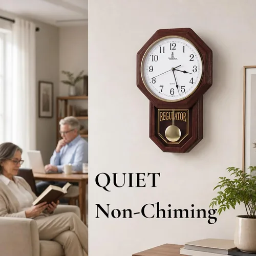 Miniatura 5 de Reloj de Pared con Péndulo - Reloj Regulador de Madera Real - Diseño de Escuela - Silencioso, Sin Campanadas, de Madera y Operado