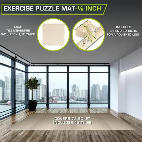 Miniatura 2 de ProsourceFit Exercise Puzzle Mat 1/2-inch, EVA Interlocking Foam Floor Tiles for Home Gym, Workout Equipment, Kids Play Areas, Beige, 72 Sq Ft - 18