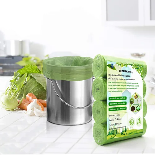 Miniatura 2 de TECHSHARE Bolsas de basura biodegradables de 1.2 galones, 80 unidades, bolsas de basura compostables, capacidad de 1.5 galones, color verde