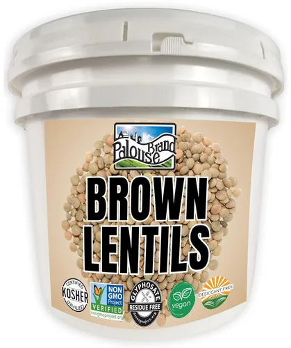 Palouse Brand Lentejas marrones certificadas sin residuos de glifosato, 25 libras, cubo de almacenamiento de alimentos, sin OMG, cultivadas en