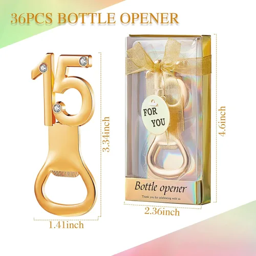 Miniatura 2 de Suclain 36 piezas de recuerdos de fiesta de quinceañera, regalos de fiesta de cumpleaños de 15 años, abrebotellas doradas con caja de regalo