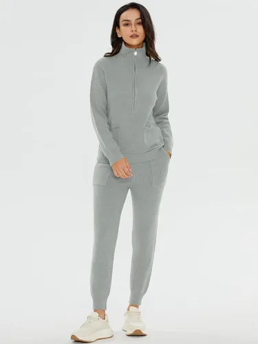 Miniatura 2 de DEEP SELF Conjunto de dos piezas para mujer, suéter de manga larga, media cremallera, pantalones deportivos con bolsillos