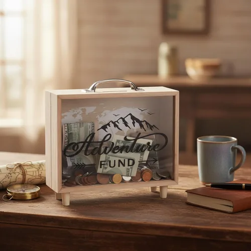 Miniatura 5 de Vesici Caja de Fondos de Viaje Alcancía para Adultos Caja de Ahorros de Dinero Maleta Decorativa de Vacaciones Banco de Monedas de Madera