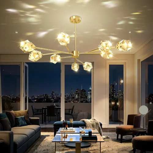 Flashing God Candelabros Sputnik - Moderno cristal, lámpara de araña dorada de 9 luces para comedor, accesorios de iluminación de cocina Dorado