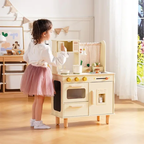 Miniatura 2 de ROBUD Juego de Cocina de Madera para Jugar, Cocina de Juego de Simulación para Niños, Cocina de Juguete con Microondas, Fregadero, Estufa y Máquina