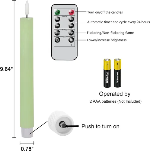 Miniatura 2 de Velas cónicas parpadeantes verdes sin llama que funcionan con pilas con control remoto de 10 teclas y temporizador, 6 paquetes de velas LED de cera