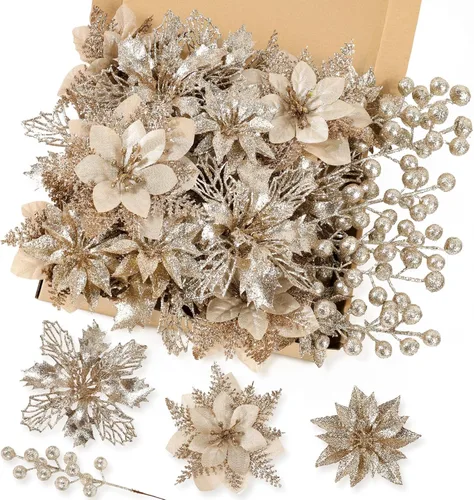 N&T NIETING - Kit de 24 piezas de flores artificiales de Pascua y tallos con bayas y purpurina para Navidad, adornos florales para árbol de Navidad,