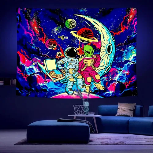 Miniatura 2 de Tapiz de luz negra de astronauta para hombres, póster de alienígena con luz negra para adolescentes y niños, divertido tapiz de pared de galaxia