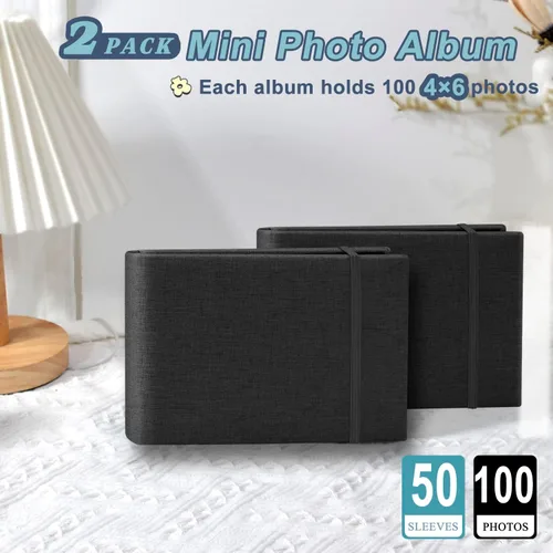 Miniatura 2 de Paquete de 2 álbumes de fotos de 4 x 6, 4 x 6 pulgadas, 100 bolsillos, cubierta de lino, libro de fotos de pequeña capacidad, fácil de clasificar