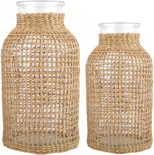 DOITOOL Juego de jarrón de cristal con cubierta de ratán, jarrón de mimbre para decoración del hogar, jarra decorativa bohemia con interior de