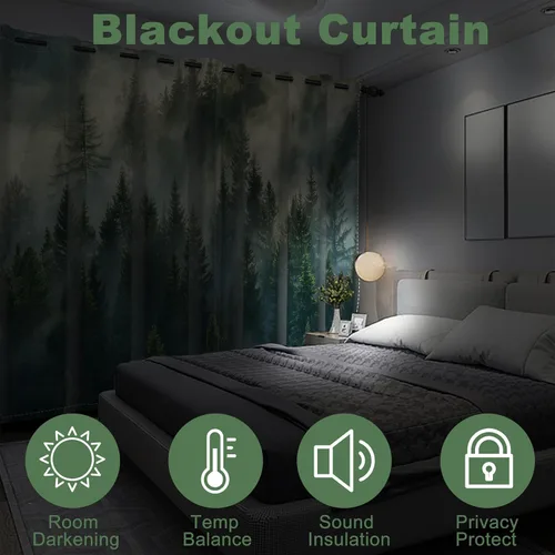 Miniatura 26 de AWERT Cortinas opacas para dormitorio, árbol negro con niebla, naturaleza, amanecer, bosque, 2 paneles para sala de estar, bloqueo de calor, 21 x 45