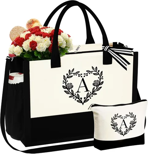 YOOLIFE Regalos para mujeres – Bolsa de playa con monograma inicial con bolsa de maquillaje, día de la madre, regalos de cumpleaños para mujeres y