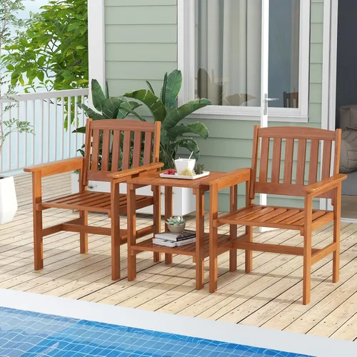 Miniatura 2 de Tangkula Juego de 3 piezas de conversación de patio, asiento de conversación de madera al aire libre con mesa y agujero para paraguas, juego de 3