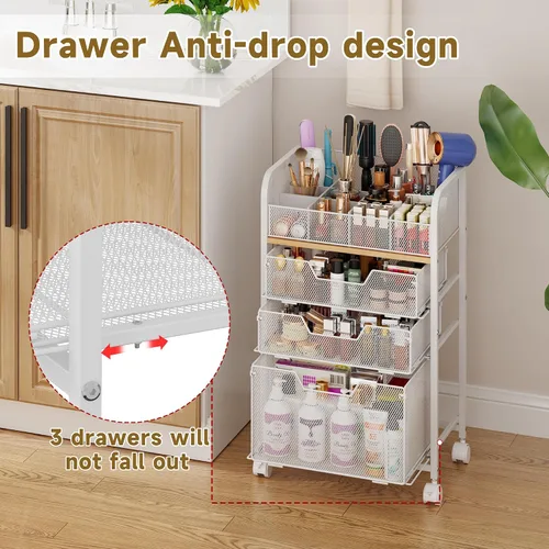 Miniatura 6 de Organizador de Carrito de Maquillaje con 3 Cajones, Organizadores de Cuidado de la Piel de Piso con Divisores, Organizador de Tocador Estuches