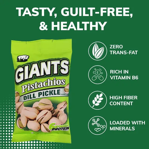 Miniatura 6 de GIANTS - Pistachos de pepinillo con eneldo, bocadillos saludables, paquetes individuales de pistachos In Shell, aperitivo alto en proteínas