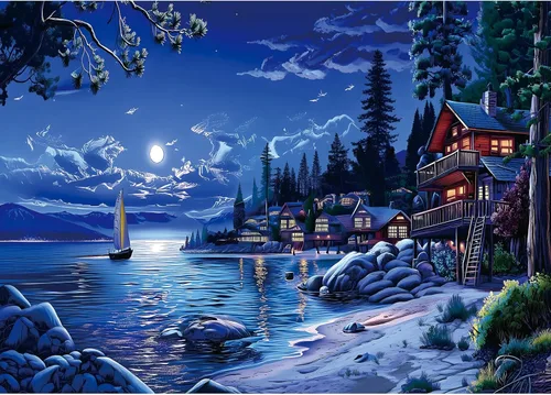 Moonlit Lakeside Retreat - Rompecabezas de 1000 piezas para adultos, rompecabezas divertidos para adultos, 1000 piezas con impresión HD y póster,