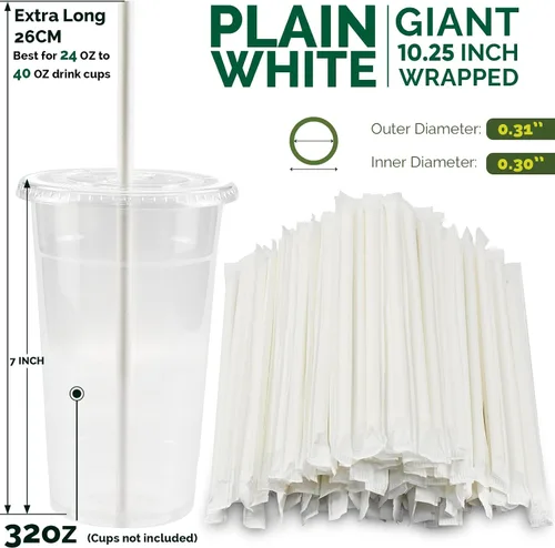 Miniatura 2 de Paquete de 300 pajitas de papel gigantes biodegradables de 10 pulgadas de largo, 0.315 in de ancho, envueltas individualmente, blanco liso