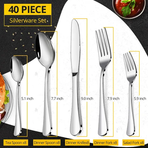Miniatura 2 de Juego de cubiertos de 40 piezas, moderno juego de cubiertos para 8, vajilla de acero inoxidable de grado alimenticio, incluye cucharas y tenedores