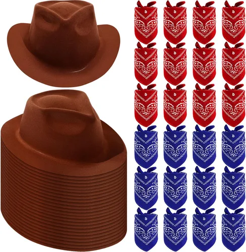 Miniatura 9 de Hillban Paquete de 48 Sombreros de Vaquero y Conjunto de Bandanas, Sombreros de Vaquera para Niños y Niñas, Sombreros de Fiesta de Vaquero