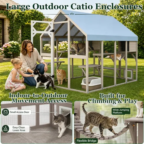 Miniatura 3 de PetsCosset 71" H Large Catio Outdoor Cat Enclosure Window Catios Wooden Walk-in Catio for Multiple Cats with 2 Resting Houses, 6 Platforms