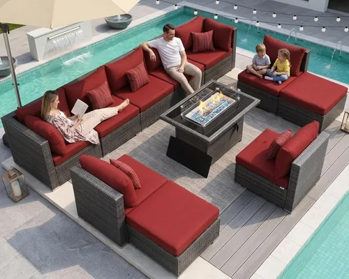 Miniatura 128 de NICESOUL Juego de muebles de patio para exteriores de 7 piezas con mesa para hoguera, gas natural y propano convertible, respaldo alto de 29.3
