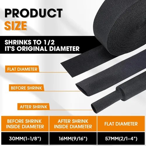 Miniatura 3 de Funda trenzada termocontraíble negra para automóvil, proporción 2:1, resistente al desgaste, tela plana retráctil para cables de automóvil