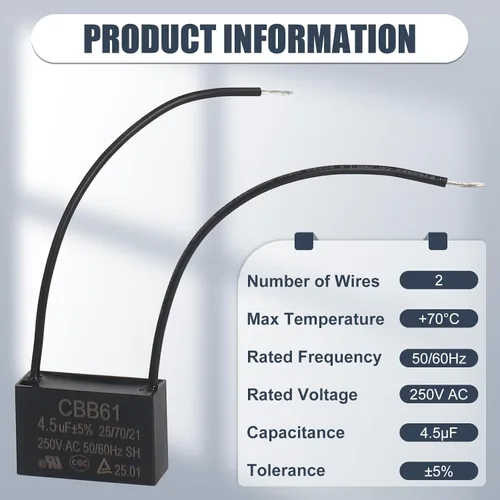 Miniatura 2 de Wadoy CBB61 - Condensador para ventilador de techo de 2 cables, 4.5uF, compatible con 450/400/350/300/250VAC, condensador de conexión de relé