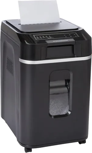 Amazon Basics - Trituradora de papel de corte cruzado con alimentación automática para 200 hojas y cesta extraíble, color negro