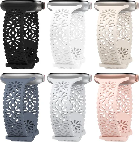 Miniatura 14 de Paquete de 6 correas de silicona delgadas y huecas de encaje compatibles con Apple Watch de 1.496 pulgadas, 1.575 pulgadas, 1.614 pulgadas, 1.654
