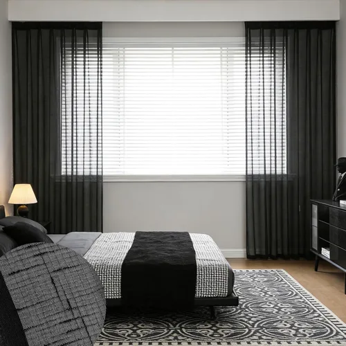 Miniatura 36 de Cortinas plisadas negras traslúcidas de 84 pulgadas de largo, 2 paneles para dormitorio, lino texturizado, ganchos transparentes para pista