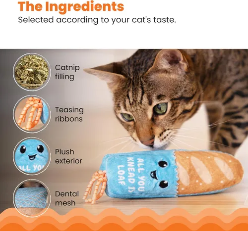 Miniatura 4 de Catstages - Juguete Loaf Kicker con hierba gatera y malla dental, forma de pan, juguete de felpa y cinta para gatos para patear, lanzar y limpieza