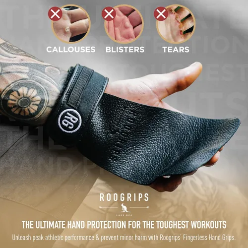 Miniatura 2 de RooGrips Empuñaduras de cuero prémium sin dedos para barras de gimnasia, entrenamiento cruzado, gimnasio y entrenamientos en casa, barras de Grano
