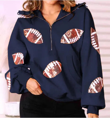 Miniatura 7 de SeekMe Sudaderas con capucha de lentejuelas para mujer, para el día del partido, suéteres de manga larga con cremallera y bolsillo