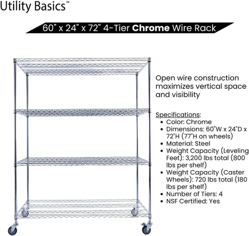 Miniatura 5 de NSF - Estantería comercial de alambre de 4 niveles con ruedas, estantes de metal resistente de 60 x 24 x 72 pulgadas, capacidad máxima de 3200 Negro