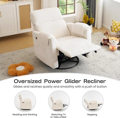 Miniatura 4 de Chenille Rocking Chair Nursery with Adjustable Headrest, 24" Extra Wide Swivel Rocker Recliner with Overstuffed Armrest, Oversized Power Rocker