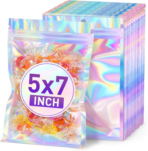 Miniatura 18 de ANZNKU 50 piezas 7 cm x 23 cm Bolsas holográficas para bolígrafos Bolsas de embalaje para bolígrafos Bolsa resellable a prueba de olores