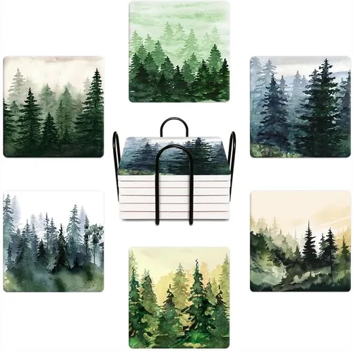 Miniatura 8 de Juego de 6 posavasos para bebidas, juego de posavasos absorbentes redondos de piedra cerámica con diseño de paisaje de acuarela de bosque de pinos