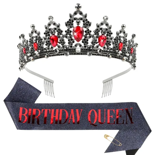 CIEHER Decoraciones de cumpleaños rojas y negras, juego de corona de cristal y banda de reina, tiara para mujer, reina de corazones vintage