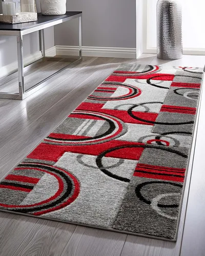 Miniatura 11 de Alfombra de felpa con círculos geométricos grises y rojos de Well Woven - Galaxy Waves (60010), Poliéster & Mezcla de poliéster