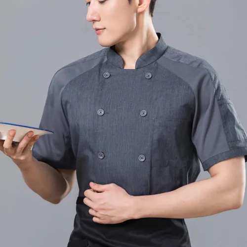 Miniatura 3 de Abrigos de chef unisex de manga corta, uniforme de chef de trabajo, con bolsillo, chaqueta de cocina con cierre de botón
