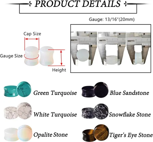 Miniatura 11 de Qmcandy - Juego de 6 pares / 16 pares de dilatadores para las orejas, de piedra mixta, expansores, conjunto de perforación corporal calibre 8G a 3/4