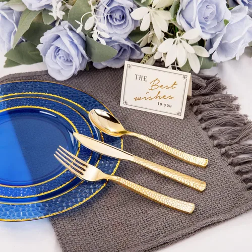 Miniatura 3 de Nervure 150 platos de plástico azul transparente, platos de fiesta dorados, juego de vajilla azul y dorado incluye: 50 platos desechables, 25 tazas