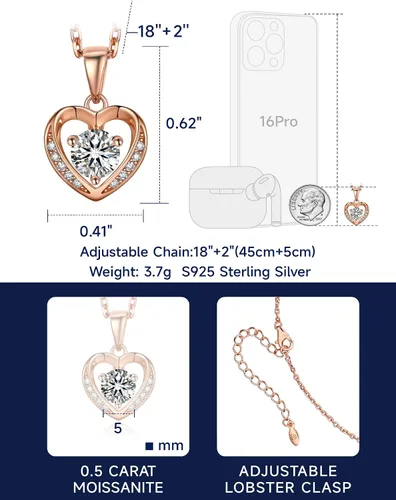 Miniatura 55 de MomentWish Collar de corazón para mujer, moissanita, diamante de imitación, plata de ley 925