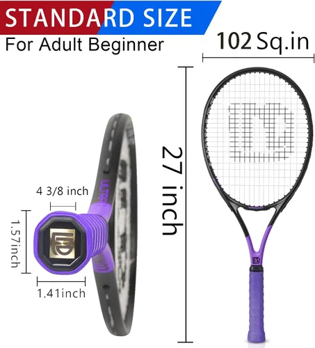 Miniatura 5 de Raqueta de tenis para adultos de 27 pulgadas, raqueta de tenis de fibra de carbono a prueba de golpes, ligera, pre-cordada y con empuñadura, Negro